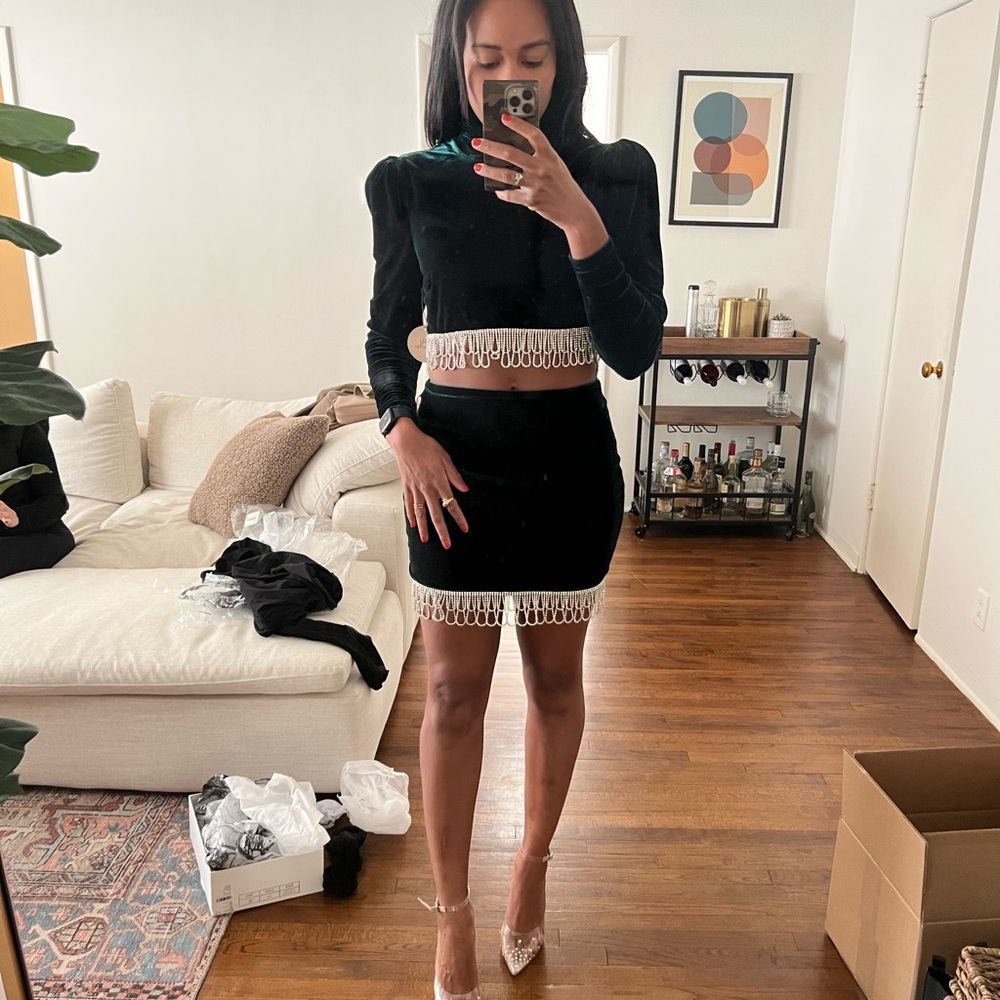 Camila Coelho Aliah cropped top and Onika high waisted skirt